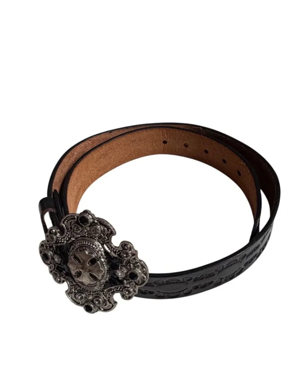 Leatherock Black Embossed Leather Belt Large Silver Tone Studded Cross Bluckle
